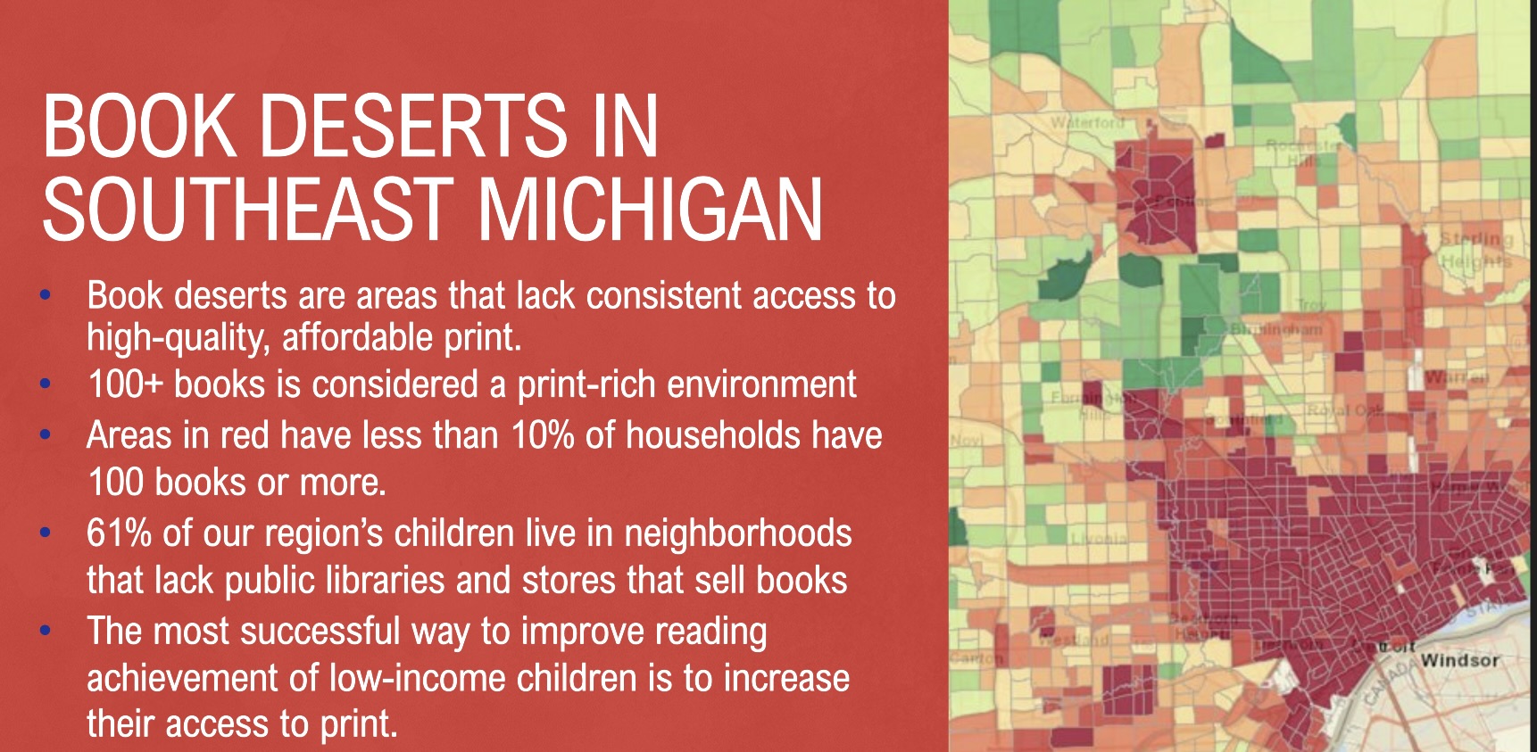Map showing book deserts in Southeast Michigan — areas in dark red have less than 10% of households with 100 or more books